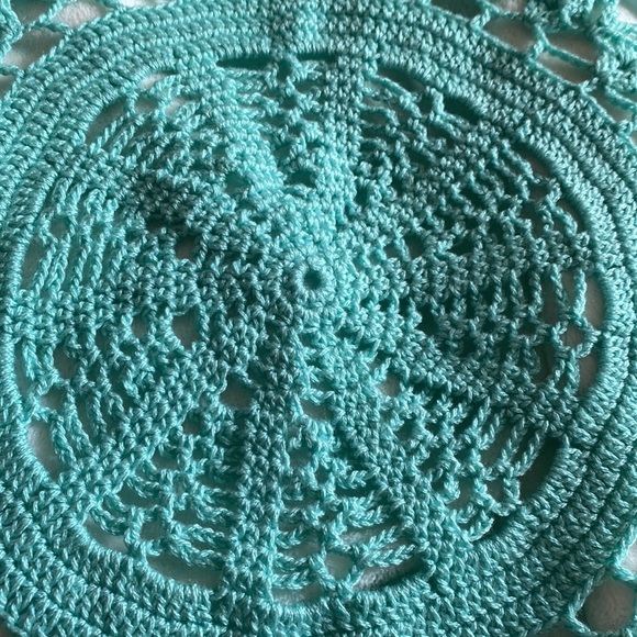 18” round aqua crochet table topper. Not sure if it’s handmade or not but pretty - Picture 2 of 5